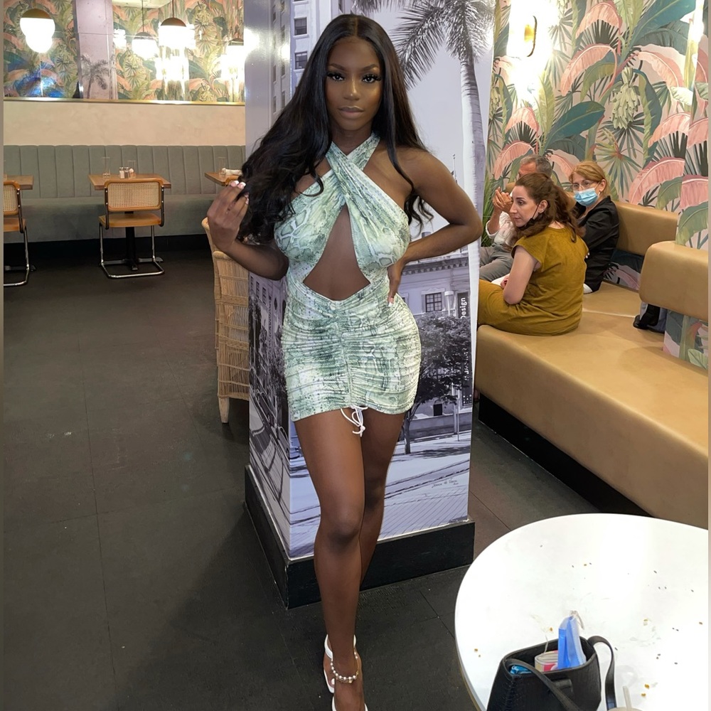 Snakeskin print criss cross cutout ruched dress